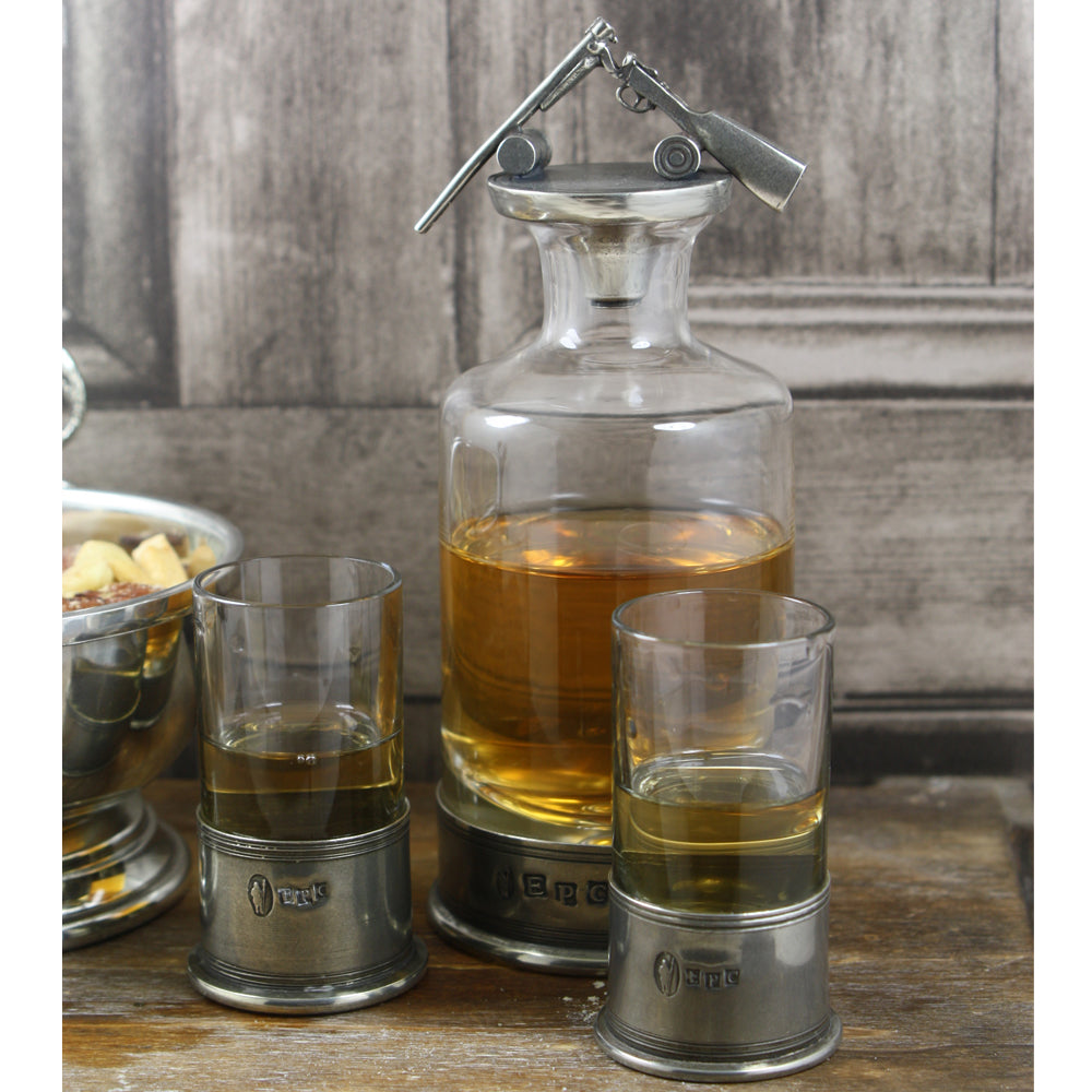 Set di mini-decanter in peltro e cristallo con bicchieri per il tiro al bersaglio