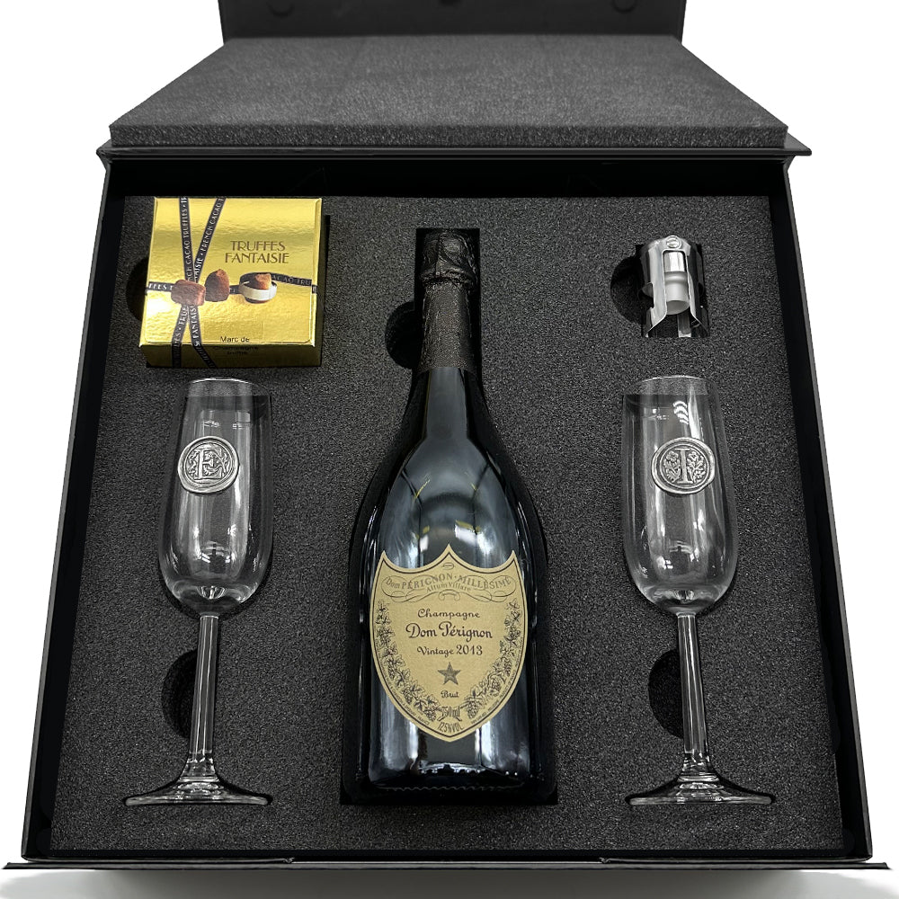 Luxury Champagne Gift Set Includes Bottle, 2 Personalised Champagne Flutes, Pewter Champagne Sealer &amp; Truffles