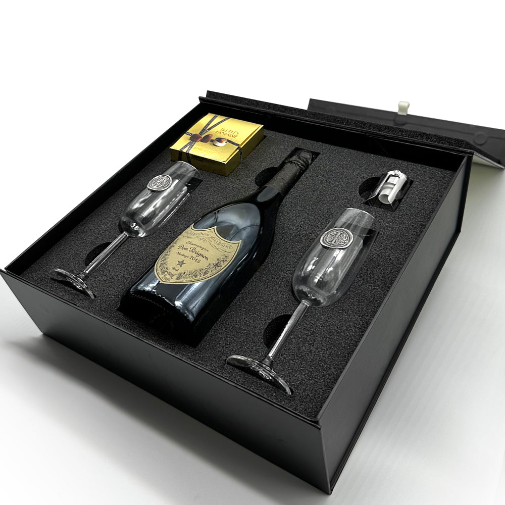 Luxury Champagne Gift Set Includes Bottle, 2 Personalised Champagne Flutes, Pewter Champagne Sealer &amp; Truffles