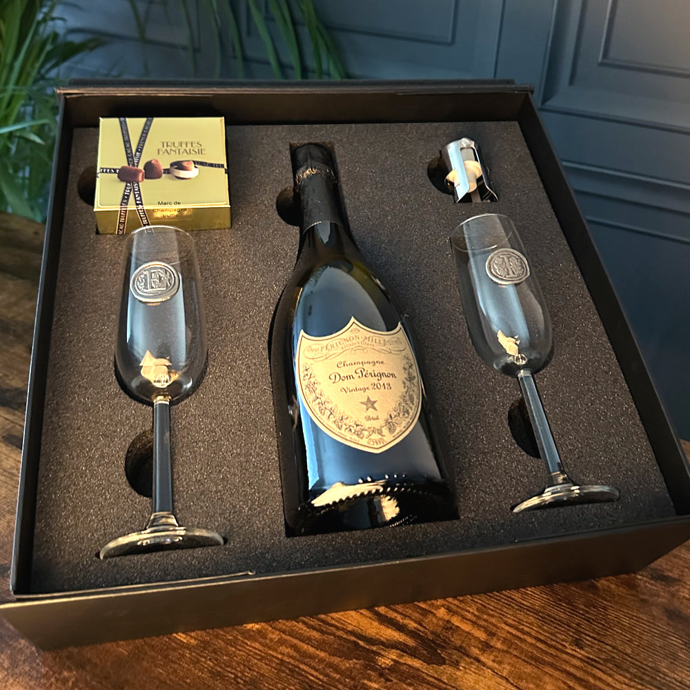 Luxury Champagne Gift Set Includes Bottle, 2 Personalised Champagne Flutes, Pewter Champagne Sealer &amp; Truffles