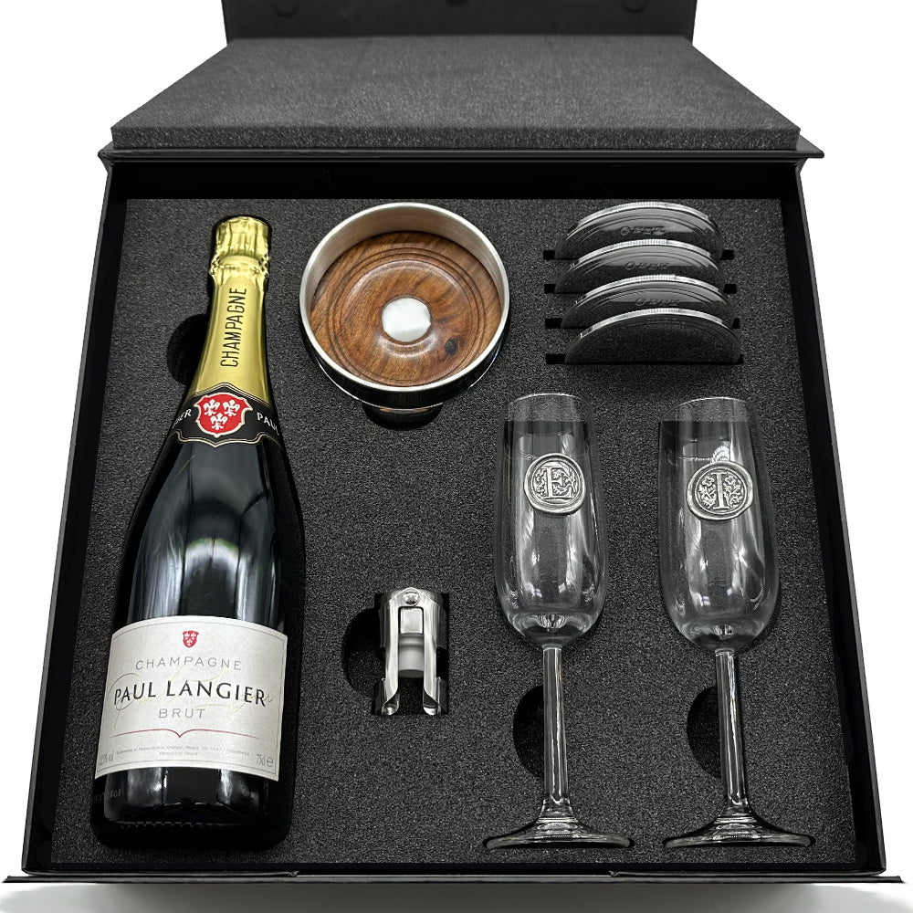 Luxury Champagne Gift Set Includes Bottle, 2 Personalised Champagne Flutes, Pewter Champagne Sealer, Pewter Bottle Coaster &amp; 4 Pewter Coasters