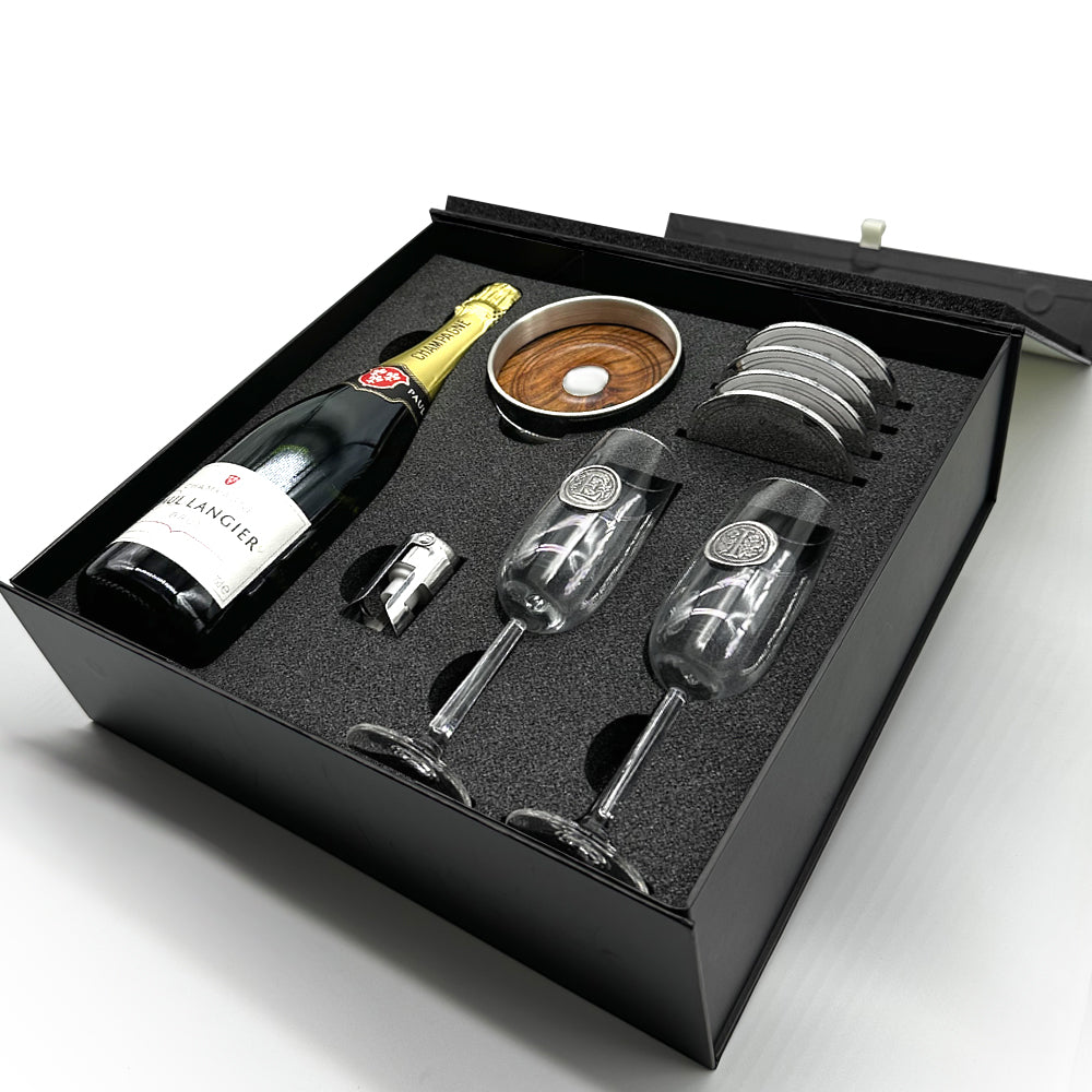 Luxury Champagne Gift Set Includes Bottle, 2 Personalised Champagne Flutes, Pewter Champagne Sealer, Pewter Bottle Coaster &amp; 4 Pewter Coasters