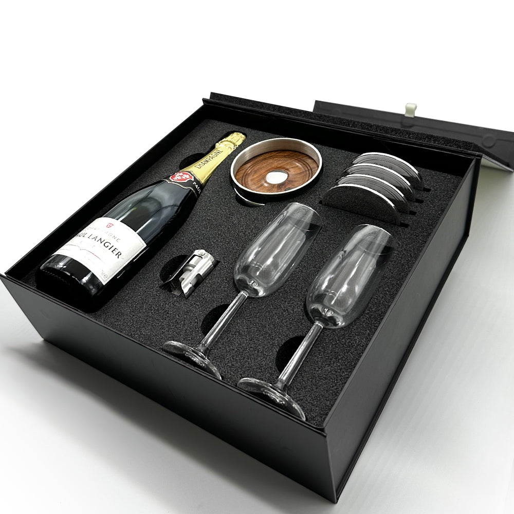 Luxury Champagne Gift Set Includes Bottle, 2 Champagne Flutes, Pewter Champagne Sealer, Pewter Bottle Coaster &amp; 4 Pewter Coasters