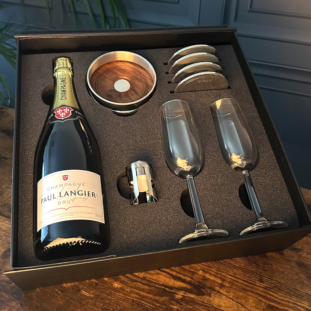 Luxury Champagne Gift Set Includes Bottle, 2 Champagne Flutes, Pewter Champagne Sealer, Pewter Bottle Coaster &amp; 4 Pewter Coasters