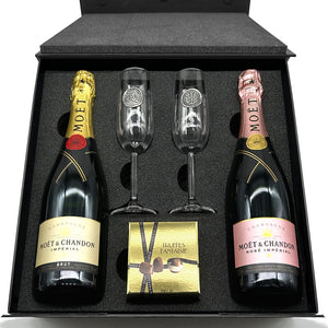 Luxury Champagne Gift Set Includes Moet Brut & Rose, 2 Personalised Champagne Flutes & Truffles