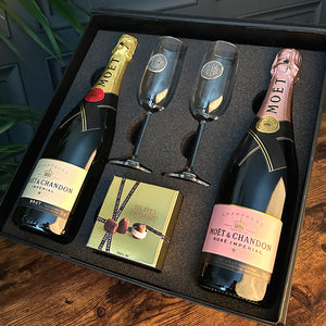 Luxury Champagne Gift Set Includes Moet Brut & Rose, 2 Personalised Champagne Flutes & Truffles