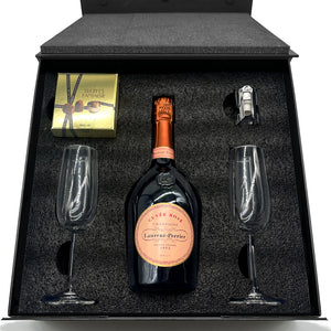 Luxury Champagne Gift Set Includes Laurent Perrier Rose, 2 Champagne Flutes & Truffles and Sealer