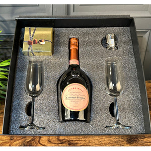 Luxury Champagne Gift Set Includes Laurent Perrier Rose, 2 Champagne Flutes & Truffles and Sealer