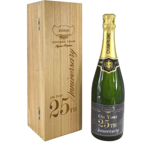 25° Anniversario Bottiglia di Champagne personalizzata da 75cl presentata in una scatola di legno incisa