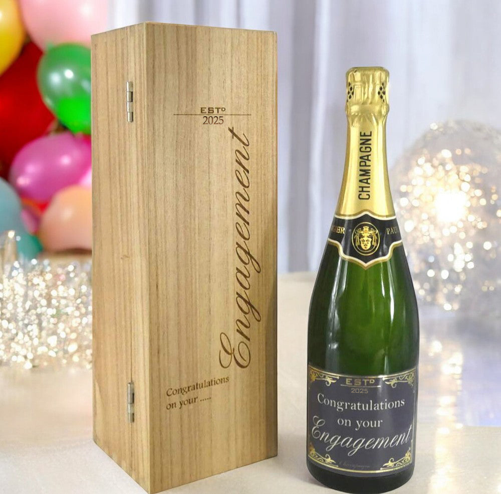Regalo di coppia per il giorno del matrimonio Bottiglia di champagne personalizzata da 75cl Presentata in una scatola di legno incisa
