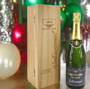 Regalo di pensionamento Bottiglia di champagne personalizzata da 75cl Presentata in una scatola di legno incisa