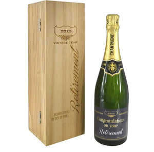 Regalo di pensionamento Bottiglia di champagne personalizzata da 75cl Presentata in una scatola di legno incisa