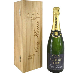 New Home Gift Bouteille de champagne personnalisée de 75 cl présentée dans une boîte en bois gravée