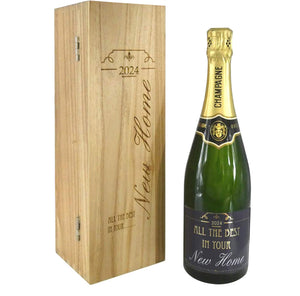 New Home Gift Bouteille de champagne personnalisée de 75 cl présentée dans une boîte en bois gravée