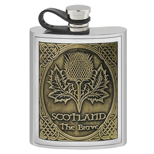 6oz Pewter Embossed Flask Thistle Brass Badge