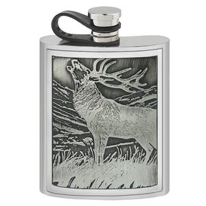 6oz Embossed Stag Badge Pewter Hip Flask