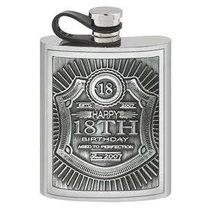 6oz Embossed 18th Birthday Badge Pewter Hip Flask