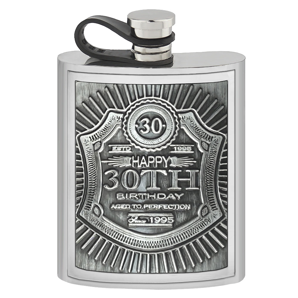 english factory 6oz Pewter Hipflask with Embossed 30th Birthday Design and Flexi Cap