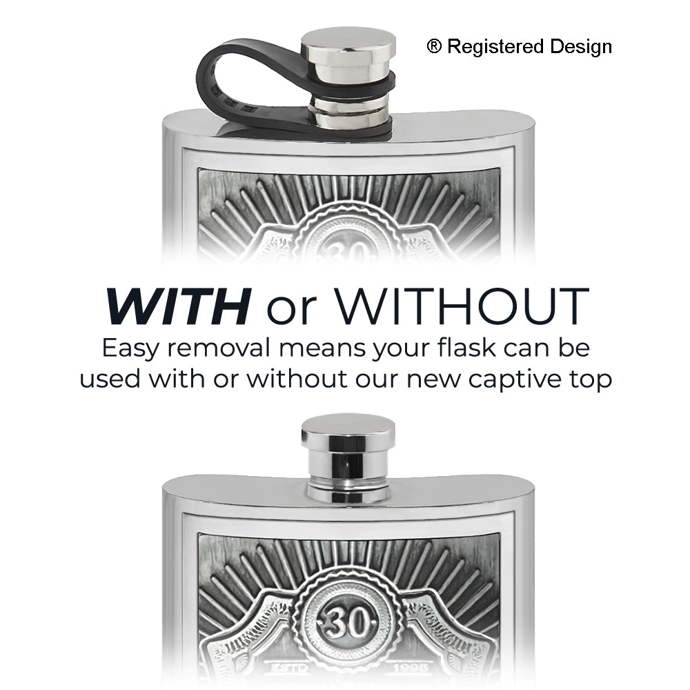 6oz Pewter Hipflask with Embossed 30th Birthday Design and Flexi Cap