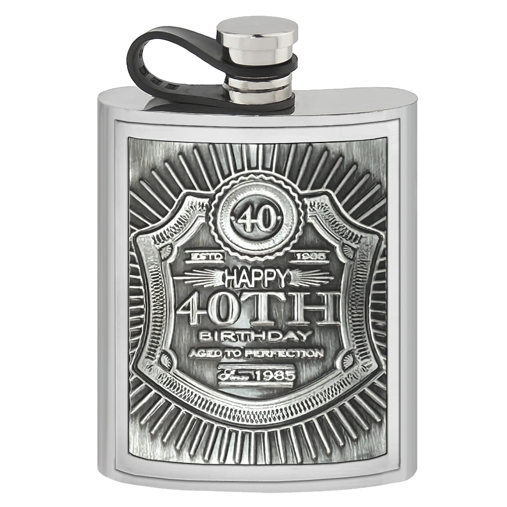 6oz Pewter Hipflask with Embossed 40th Birthday Design and Flexi Cap
