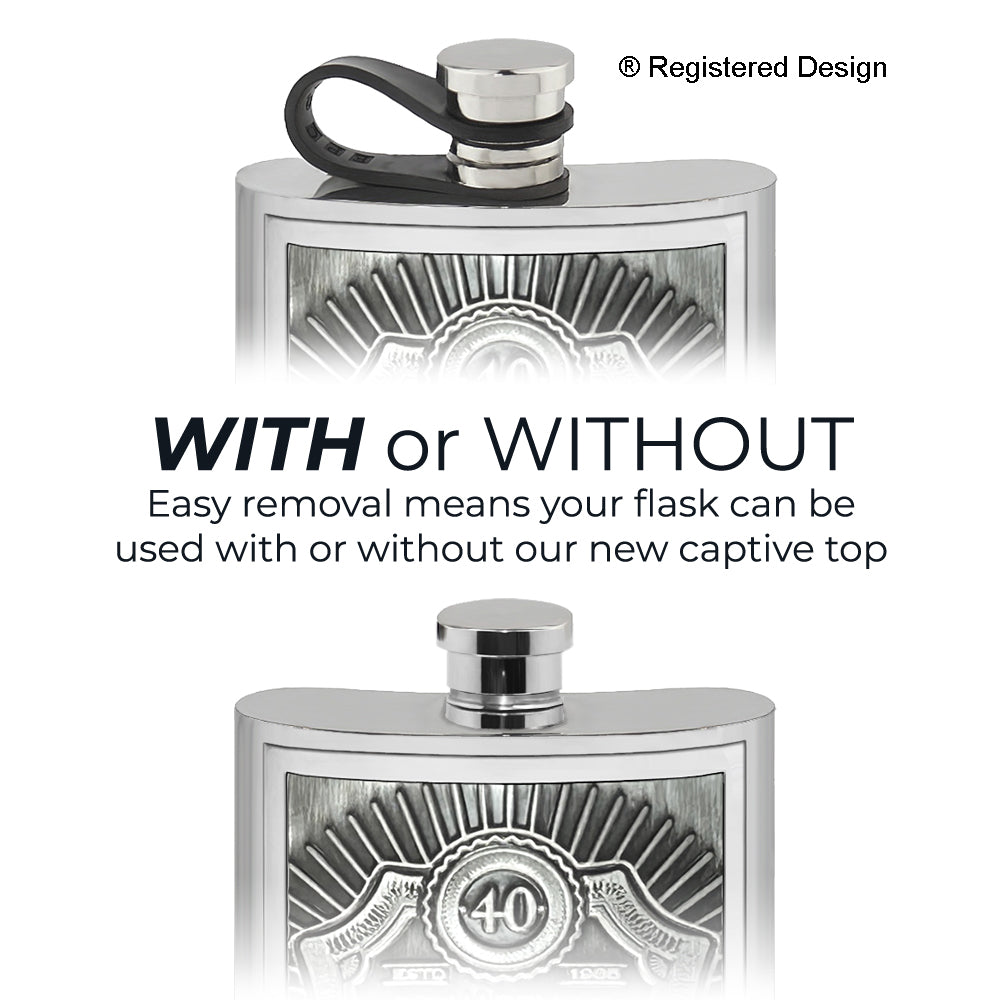 6oz Pewter Hipflask with Embossed 40th Birthday Design and Flexi Cap