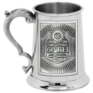 1pt Pewter Straight Embossed 60th Birthday Badge Tankard