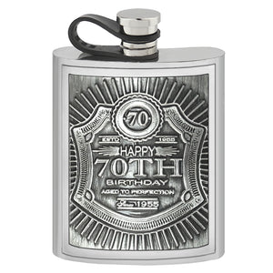 6oz Embossed 70th Birthday Badge Pewter Hip Flask