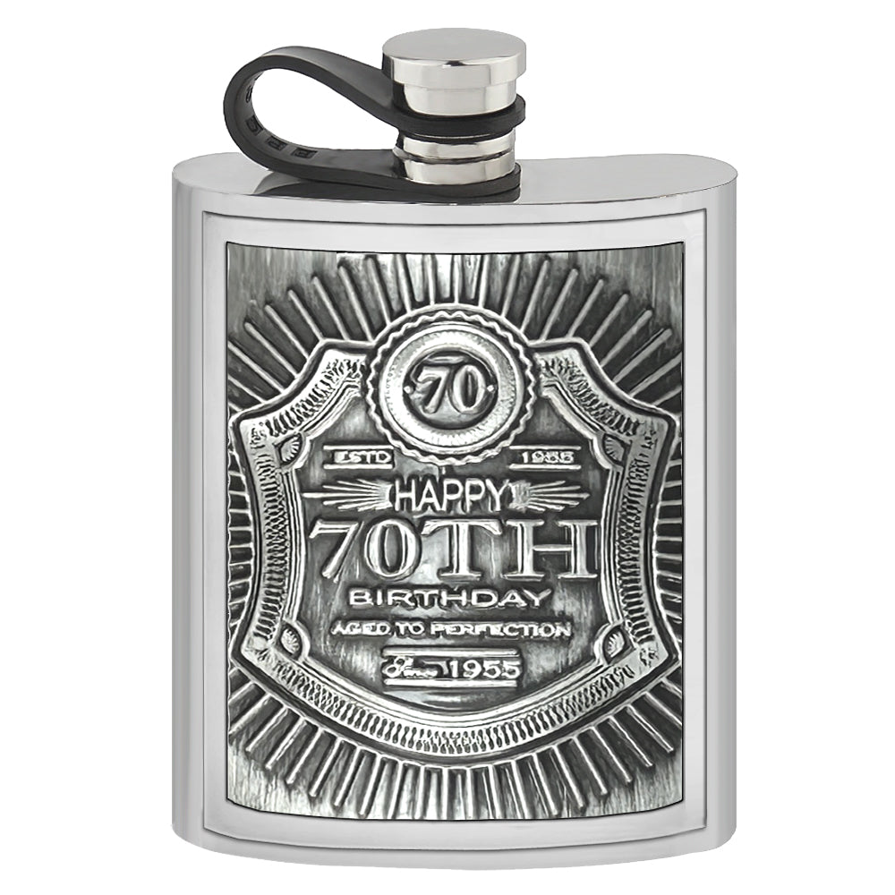 english factory 6oz Pewter Hipflask with Embossed 70th Birthday design and Flexi Cap