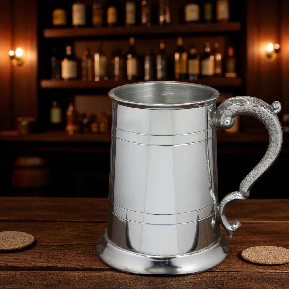 1 Pint* Pewter Beer Mug Tankard With Intricate Curved Handle