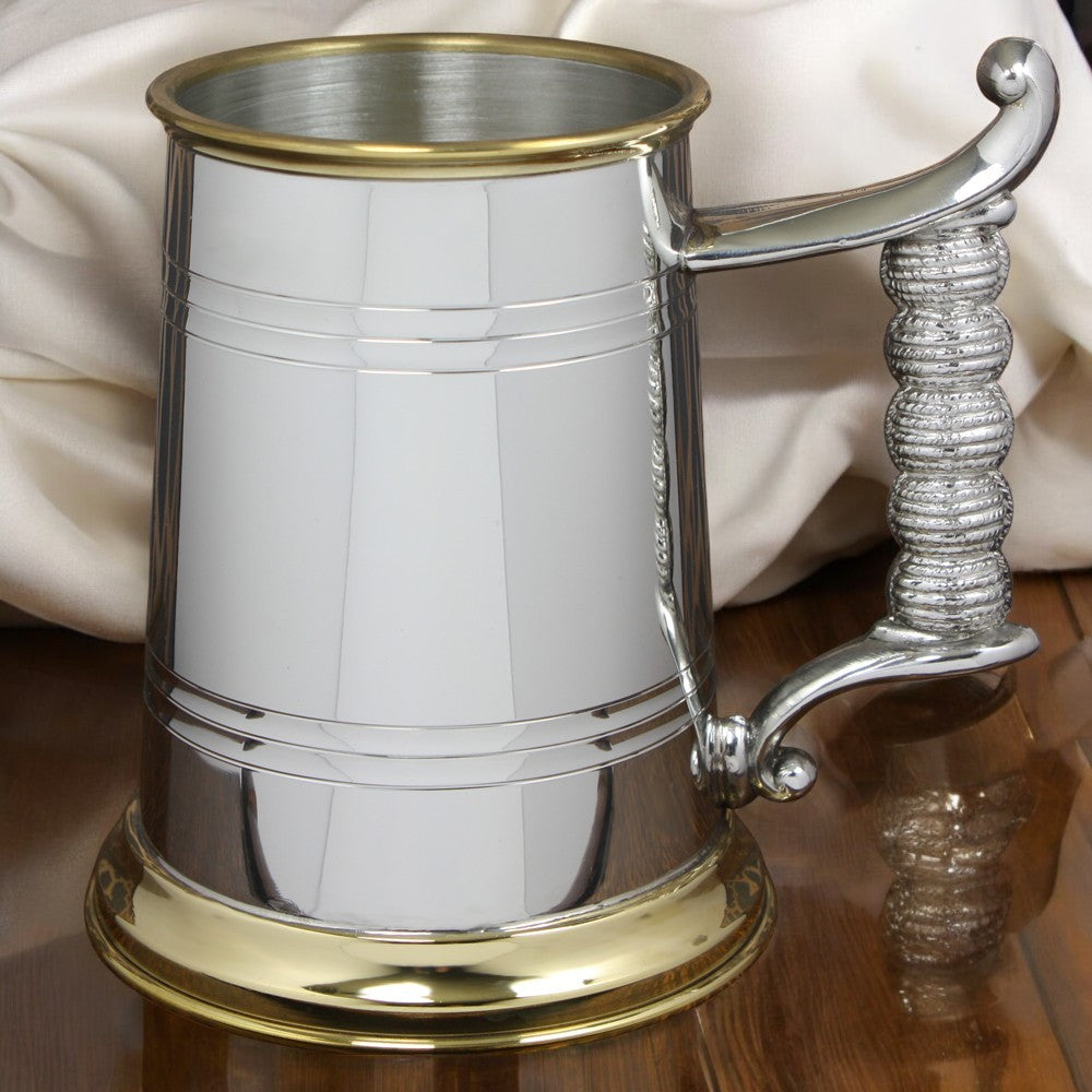 1 Pint* Pewter and Brass Beer Mug Tankard With Elegant Rope Style Handle