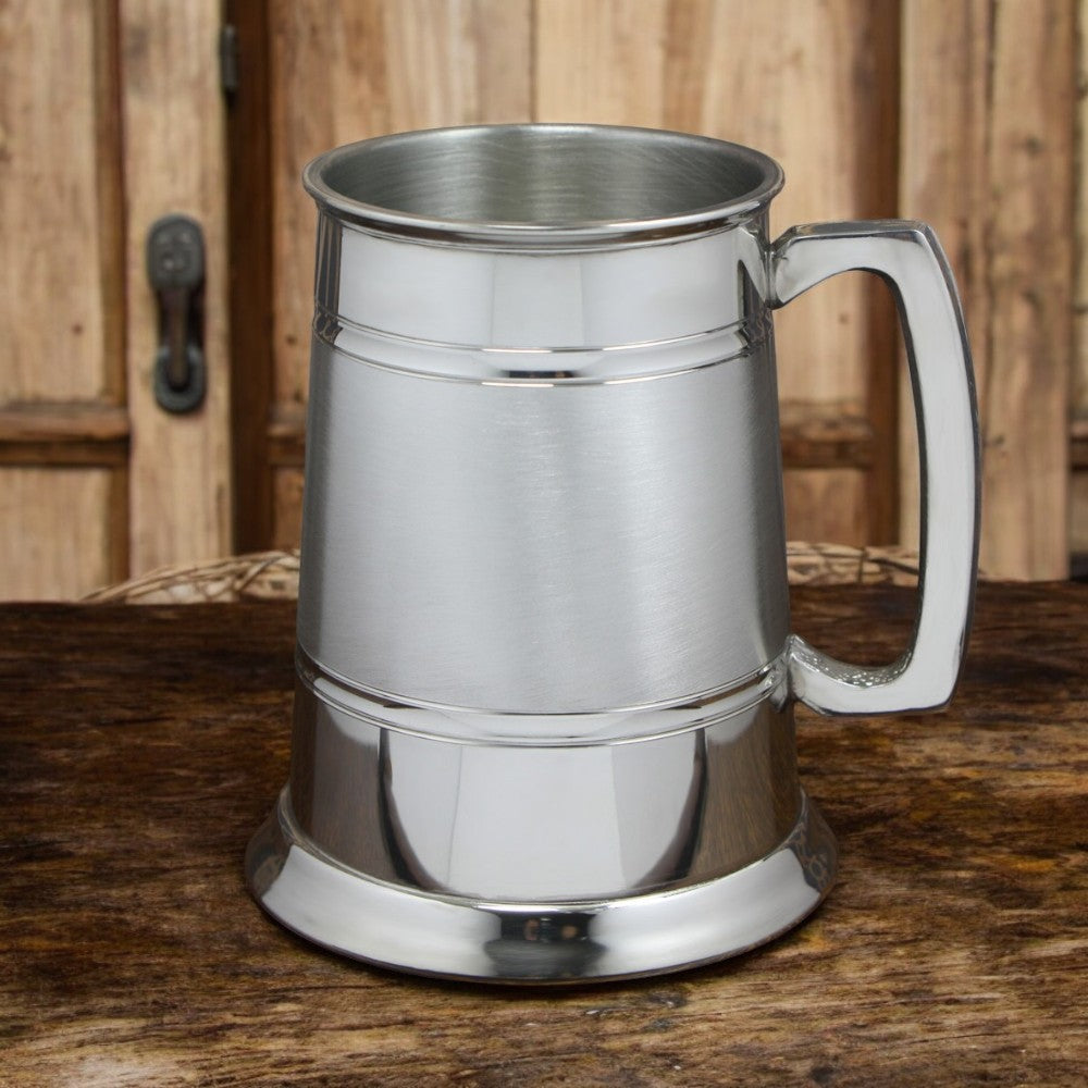 1 Pint* Pewter Beer Mug Tankard With Classic Handle and Grooved Satin Band,