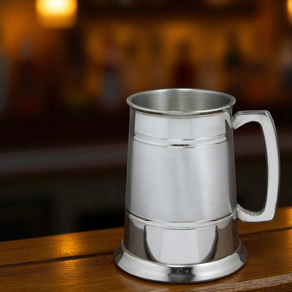 1 Pint* Pewter Beer Mug Tankard With Classic Handle and Grooved Satin Band,