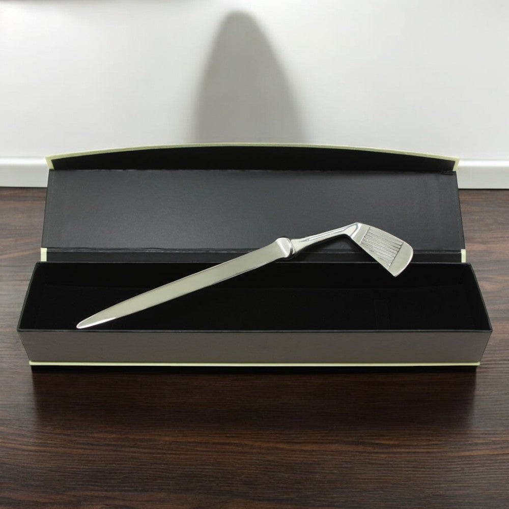 Coltello tagliacarte in peltro con impugnatura a mazza da golf