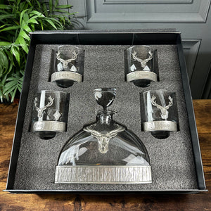 Majestic 570ml Whisky, Wine & Spirits Stag Crystal Decanter Gift Set Includes 4x 11oz Stag Pewter Tumblers