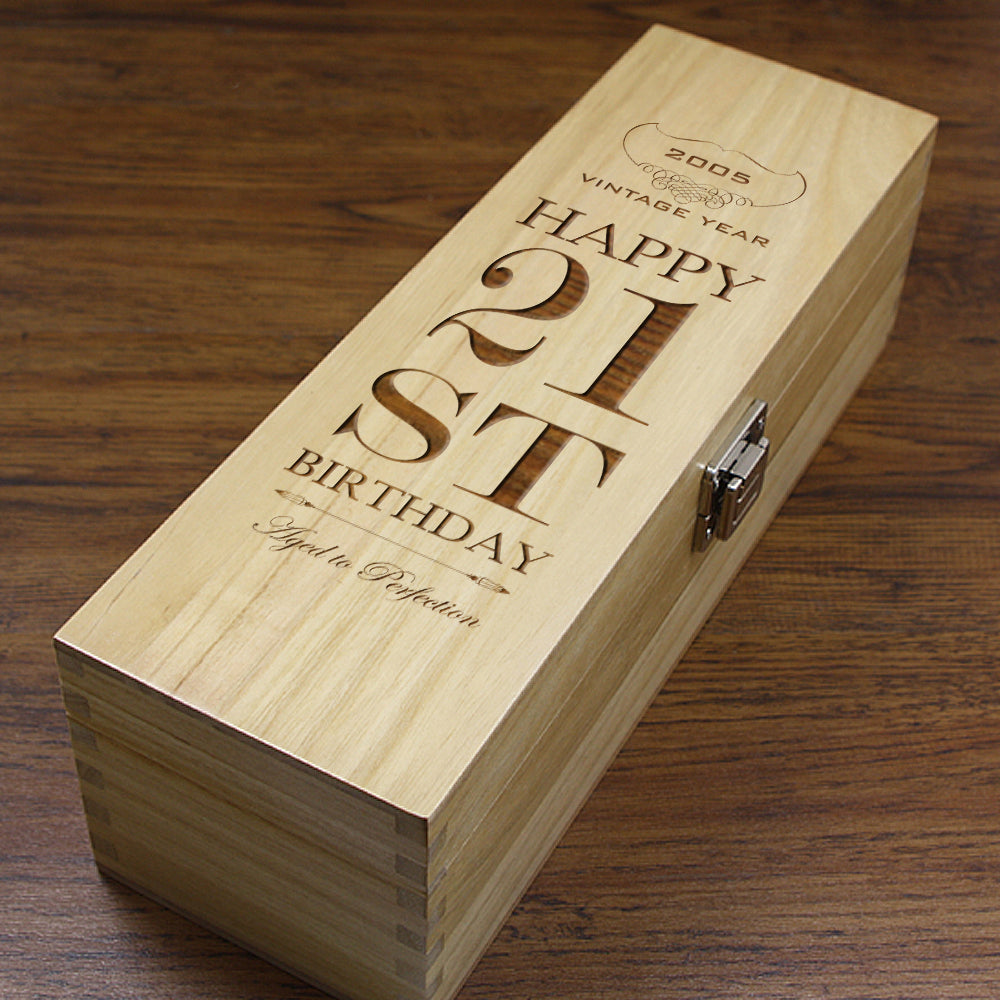21st Birthday Single Hinged Champagne Wine Or Whiskey Wooden Box 2005
