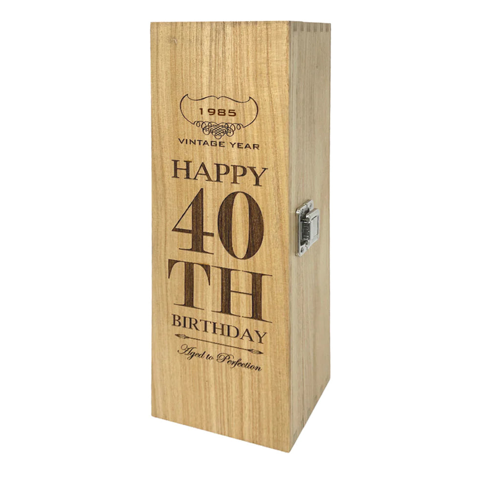 40th Birthday Single Hinged Champagne, Wine Or Whiskey Wooden Box 1985