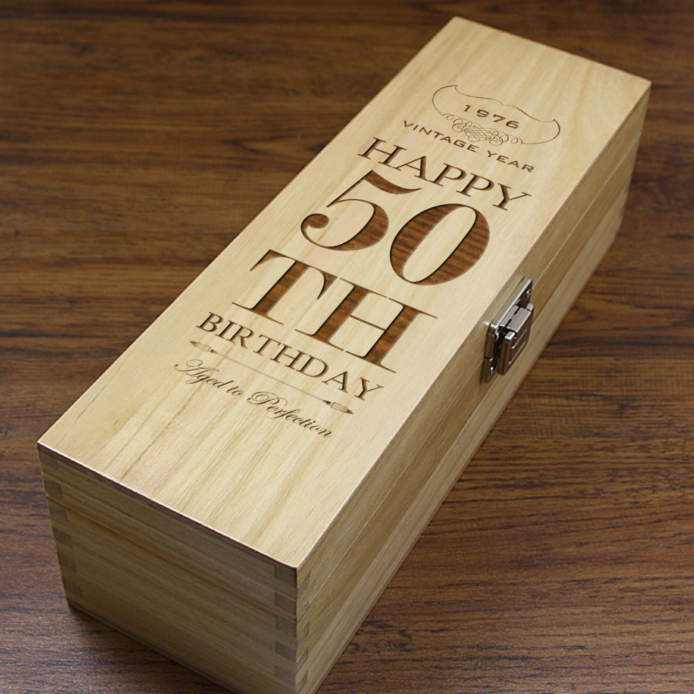 50th Birthday Single Hinged Champagne, Wine Or Whiskey Wooden Box 1976