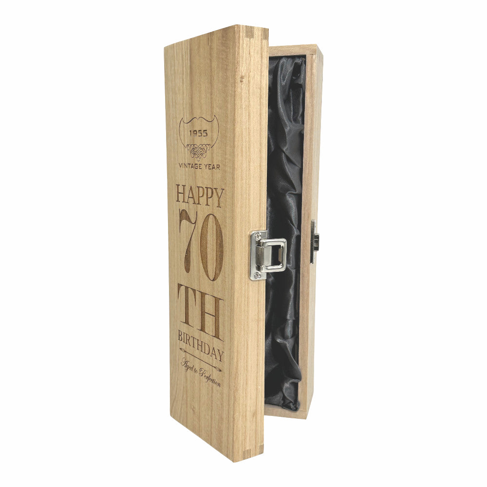 Boîte en bois pour champagne, vin ou whisky à charnière unique pour un 70e anniversaire