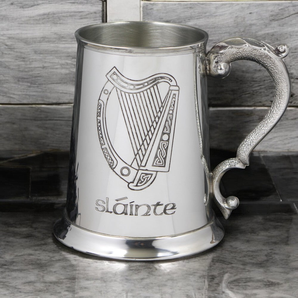 1 Pint* Pewter Beer Mug Tankard with Slainte Irish Harp Design