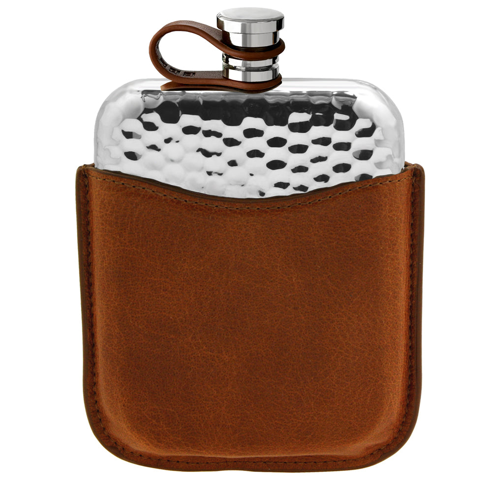 Flasque de poche de 6 oz en étain avec étui en cuir havane véritable