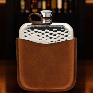 6oz Hammered Pewter Hip Flask with Genuine Tan Leather Pouch and Leather Captive Top