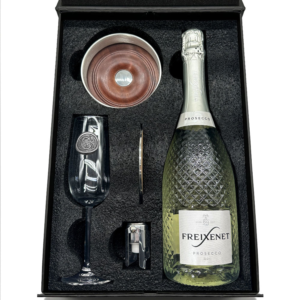 Luxury Prosecco Gift Set Includes Bottle, Personalised Flute, Pewter Bottle Coaster, Pewter Bottle Sealer &amp; Pewter Coaster