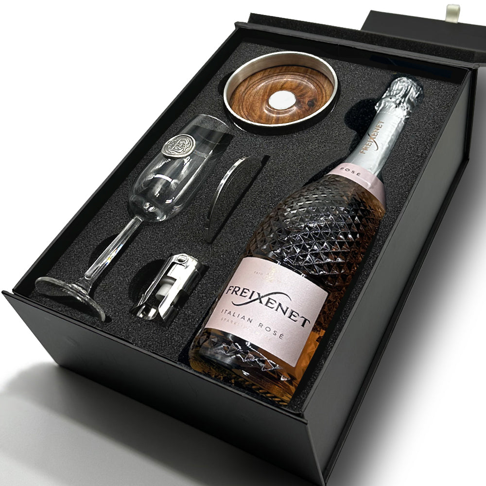 Luxury Prosecco Gift Set Includes Bottle, Personalised Flute, Pewter Bottle Coaster, Pewter Bottle Sealer &amp; Pewter Coaster