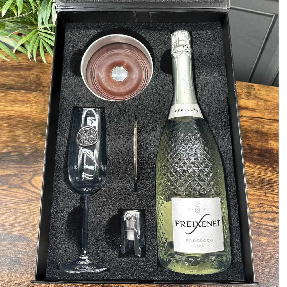 Luxury Prosecco Gift Set Includes Bottle, Personalised Flute, Pewter Bottle Coaster, Pewter Bottle Sealer &amp; Pewter Coaster