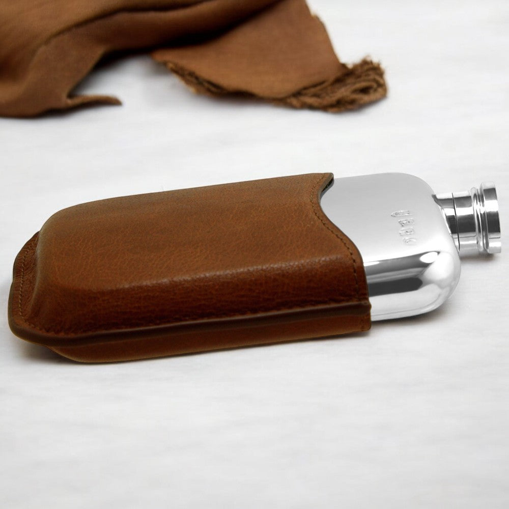 6oz Pewter Hip Flask with Genuine Tan Leather Pouch