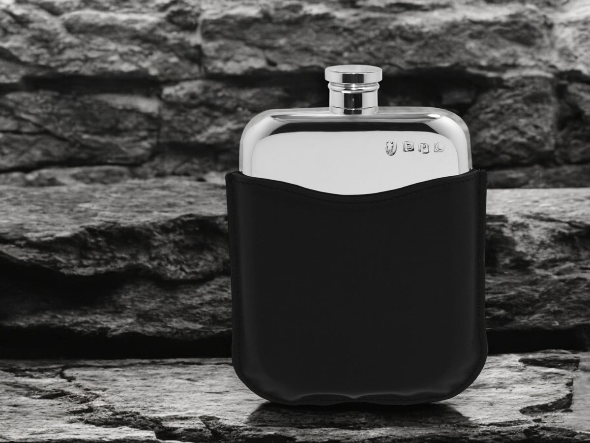 6oz Zinn Flachmann mit echtem schwarzem Leder Etui