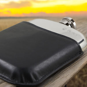 6oz Pewter Hip Flask with Genuine Black Leather Pouch