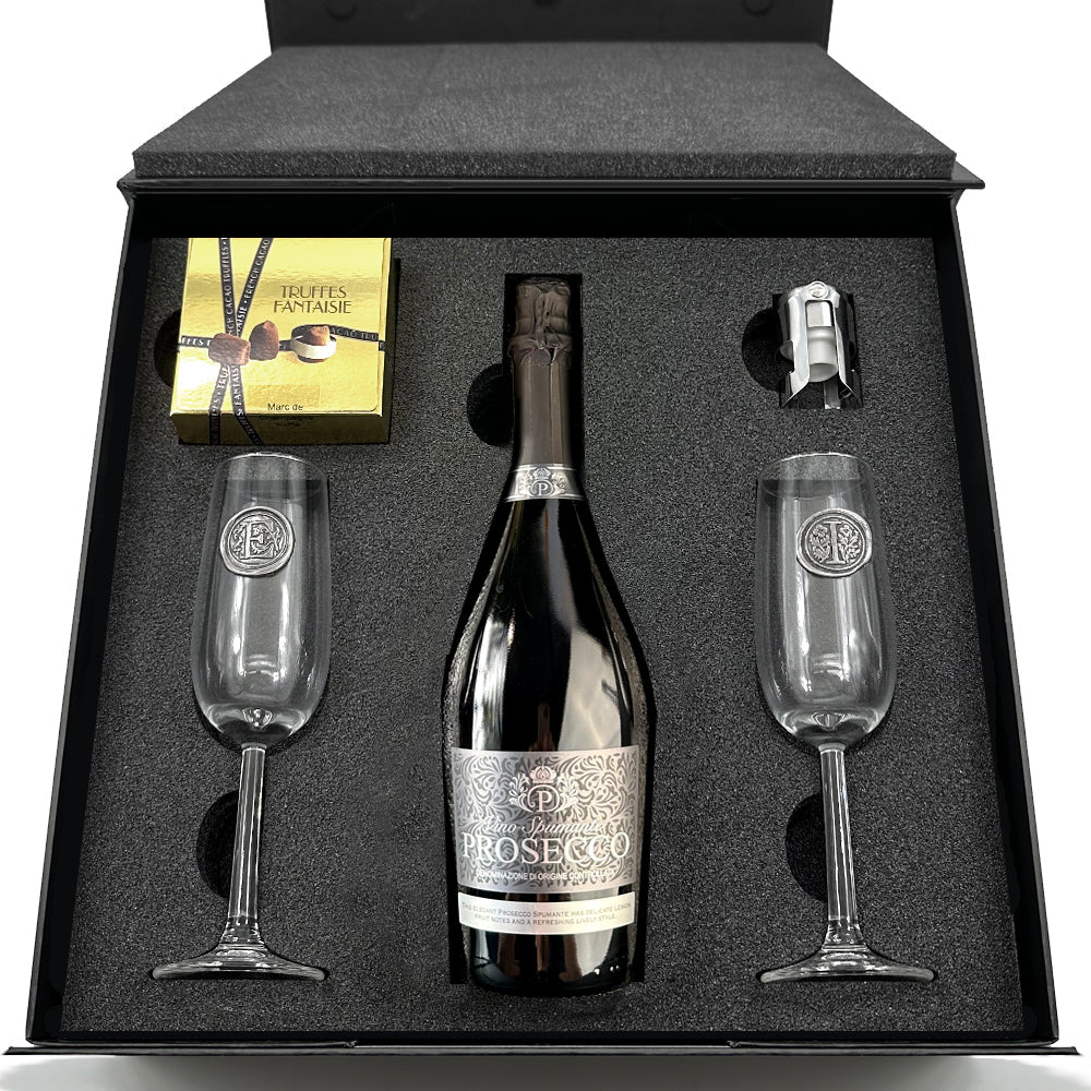 Luxury Prosecco Gift Set Includes Bottle, 2 Personalised Flutes, Pewter Bottle Sealer & Truffles