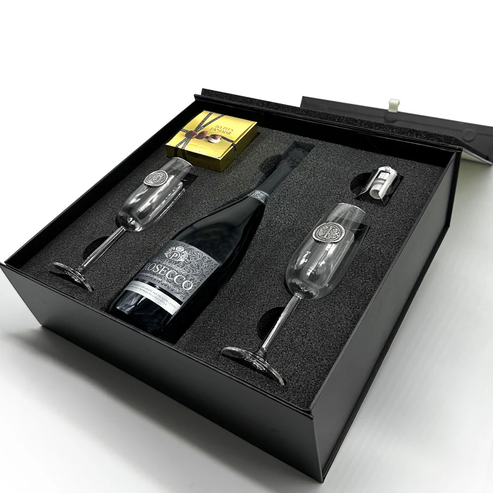 Luxury Prosecco Gift Set Includes Bottle, 2 Personalised Flutes, Pewter Bottle Sealer & Truffles