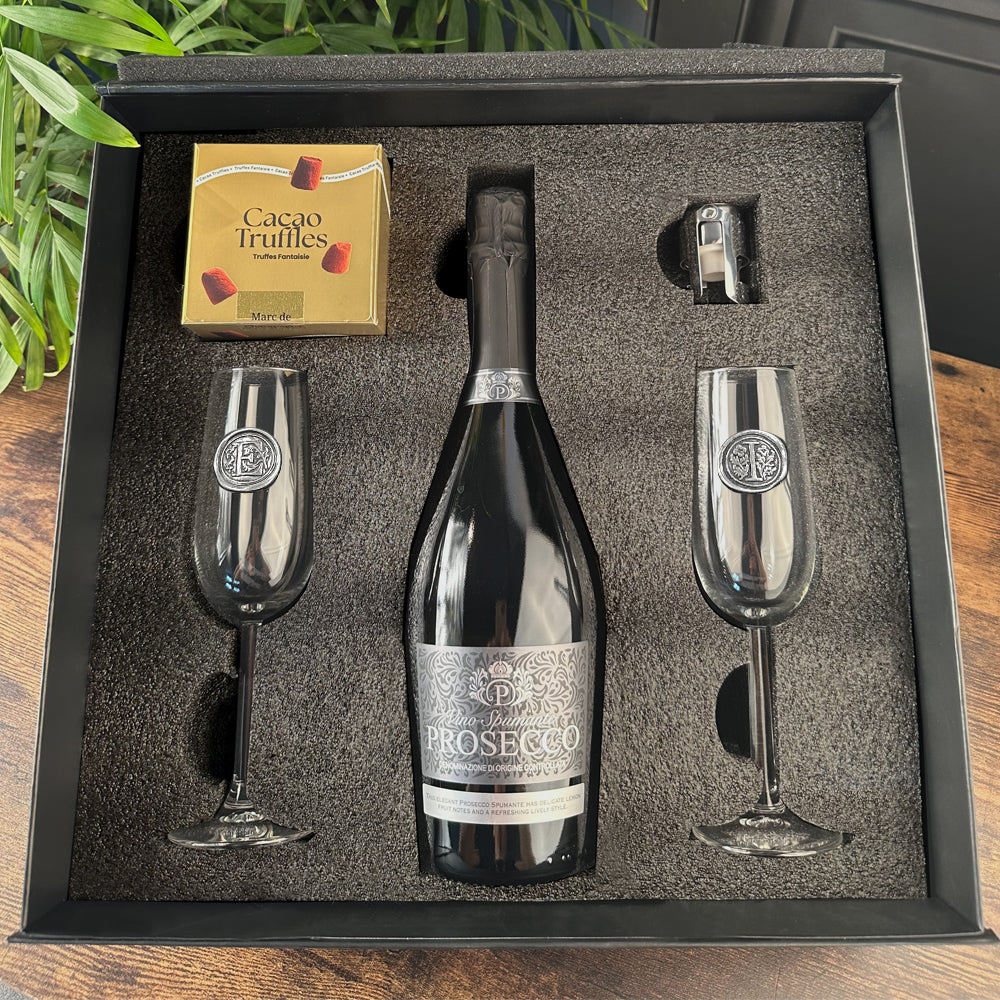 Luxury Prosecco Gift Set Includes Bottle, 2 Personalised Flutes, Pewter Bottle Sealer & Truffles
